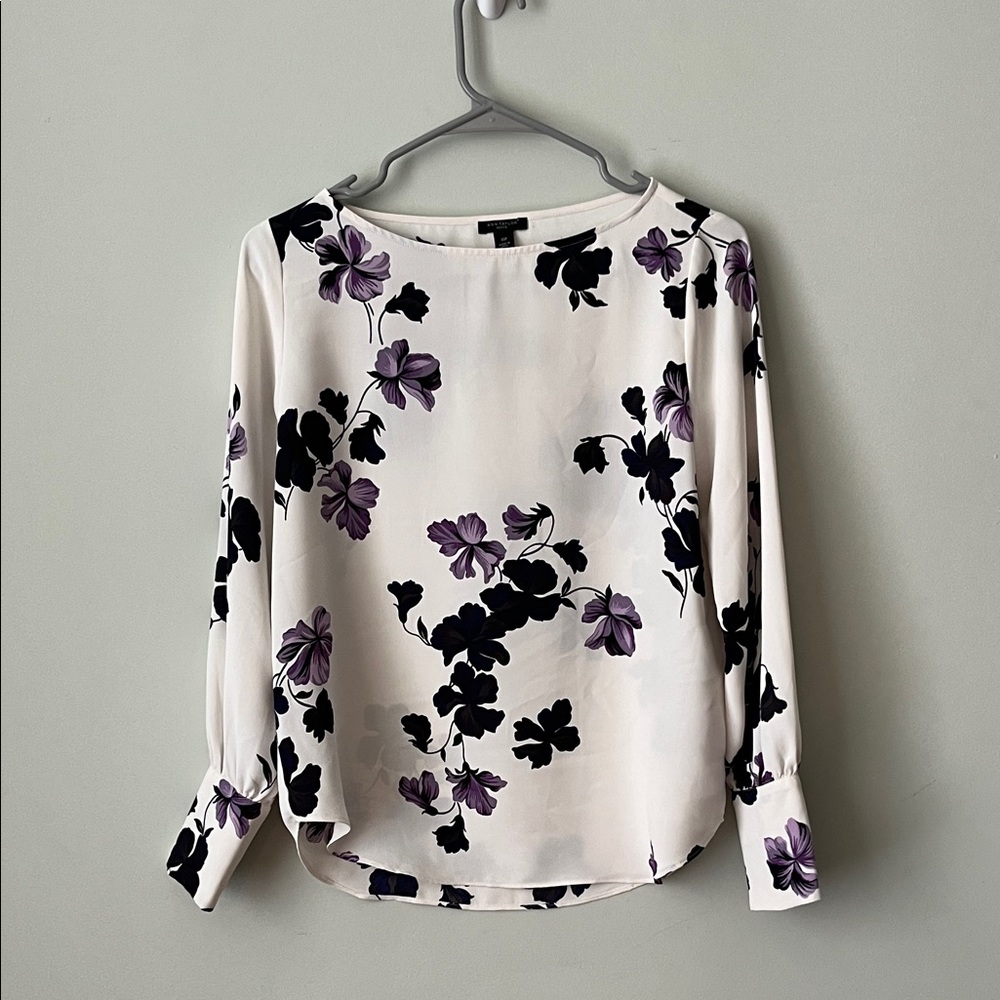 Ann Taylor Cream Blouse with Black and Purple Floral